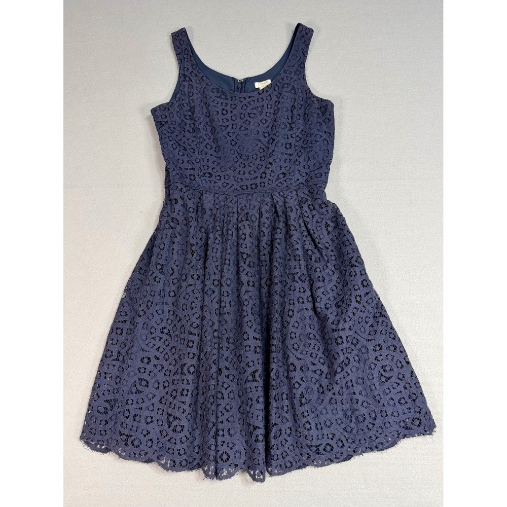 J.Crew Lace Fit and Flare Dress 4 Navy Blue Sleeveless Eyelet Pockets